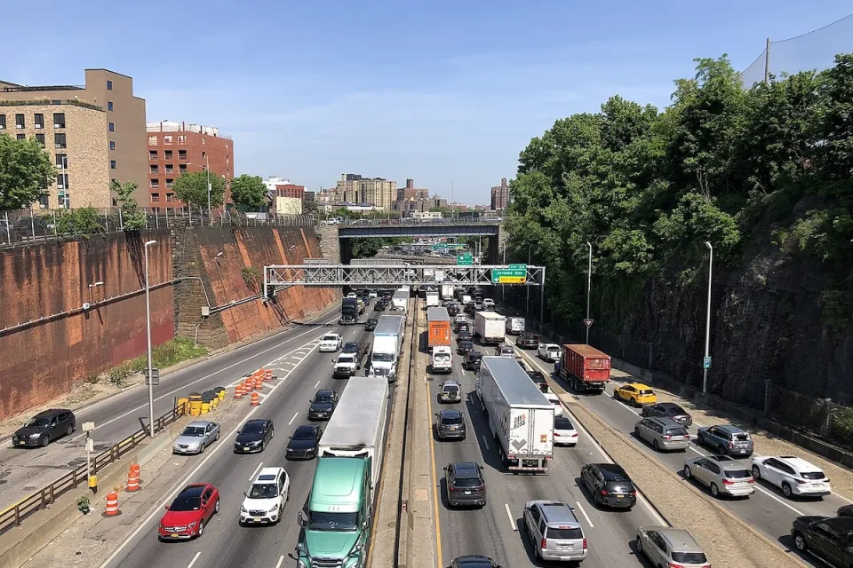 View from overpass of traffic on Cross Bronx Expressway in New York City.